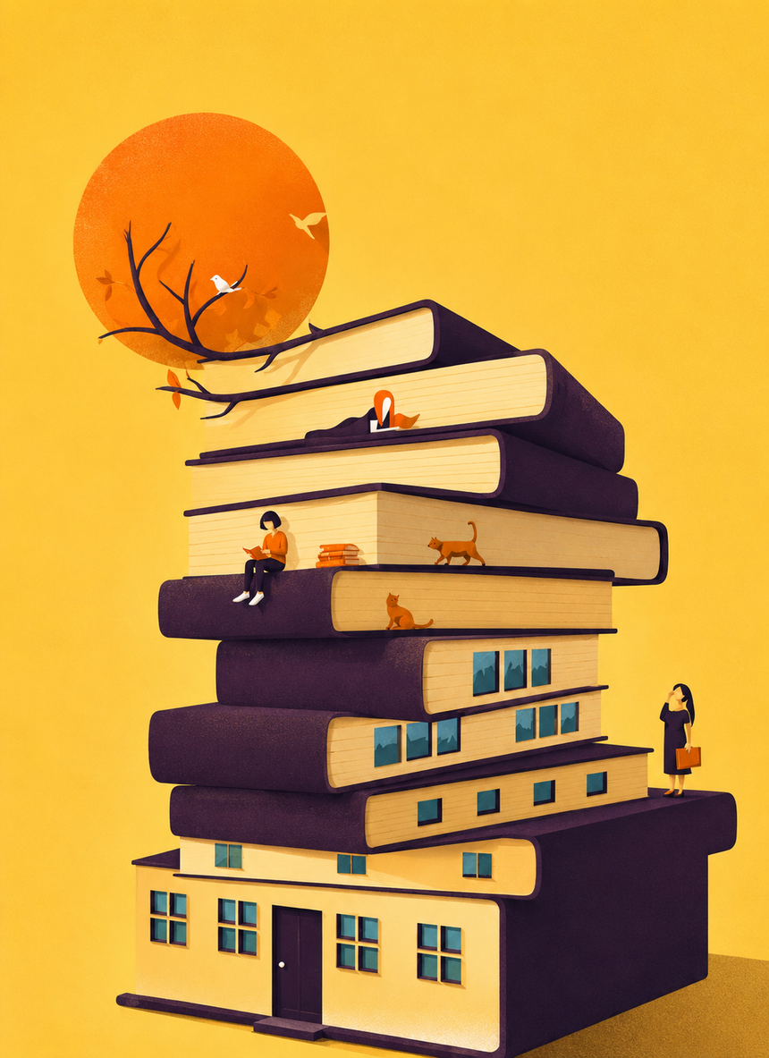 Illustration of a home built from a stack of giant books, with readers and cats settled on its storeys under an orange sun.